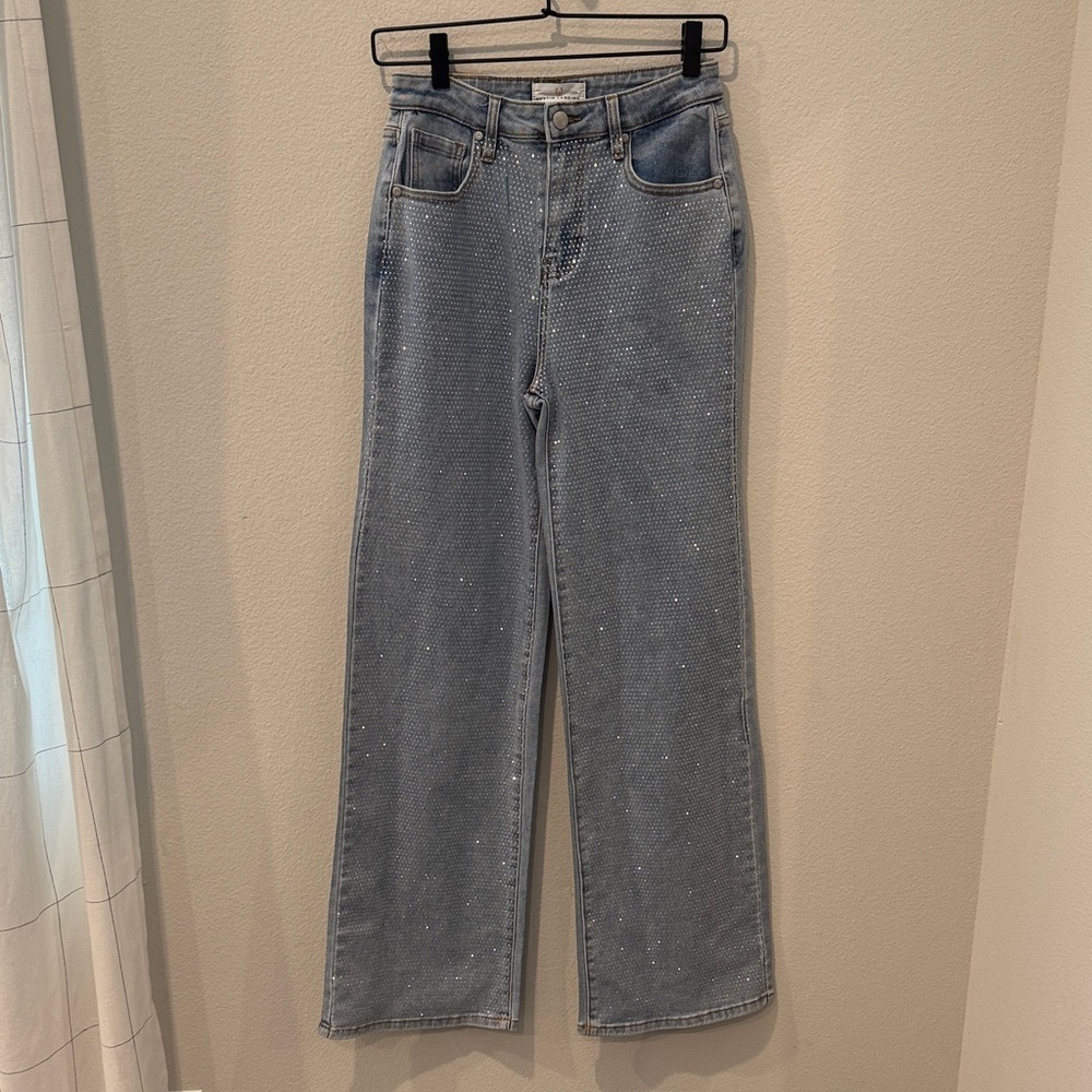 Austin Landing Rhinestone Glimmer Wide‎ Straight Leg Women's Blue Jeans Size 7